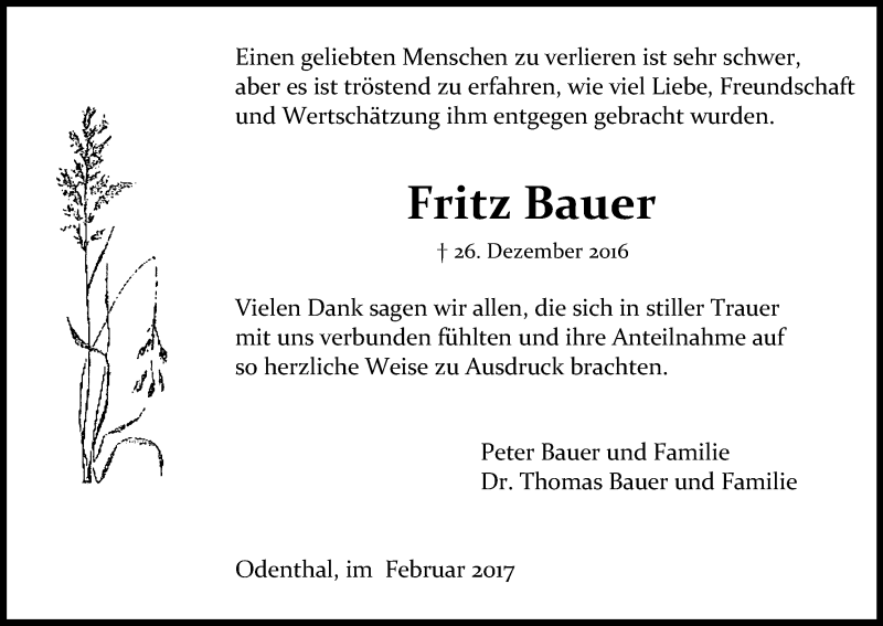 Traueranzeige für Fritz Bauer vom 11.02.2017 aus Kölner Stadt-Anzeiger / Kölnische Rundschau / Express