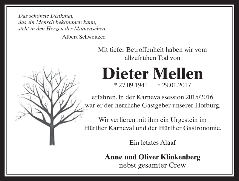  Traueranzeige für Dieter Meilen vom 08.02.2017 aus  Wochenende 