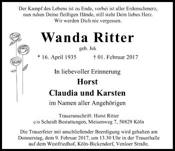 Anzeige von Wanda Ritter von Kölner Stadt-Anzeiger / Kölnische Rundschau / Express