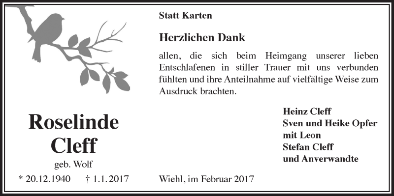  Traueranzeige für Roselinde Cleff vom 15.02.2017 aus  Anzeigen Echo 