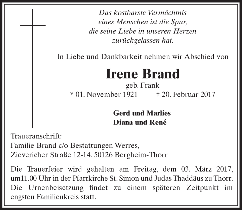  Traueranzeige für Irene Brand vom 25.02.2017 aus  Sonntags-Post 