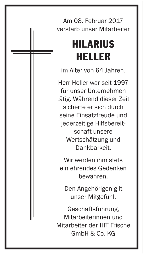  Traueranzeige für Hilarius Heller vom 22.02.2017 aus  Werbepost 