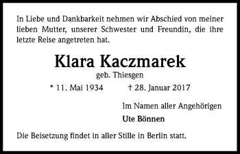 Anzeige von Klara Kaczmarek von Kölner Stadt-Anzeiger / Kölnische Rundschau / Express