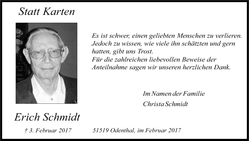  Traueranzeige für Erich Schmidt vom 22.02.2017 aus Kölner Stadt-Anzeiger / Kölnische Rundschau / Express