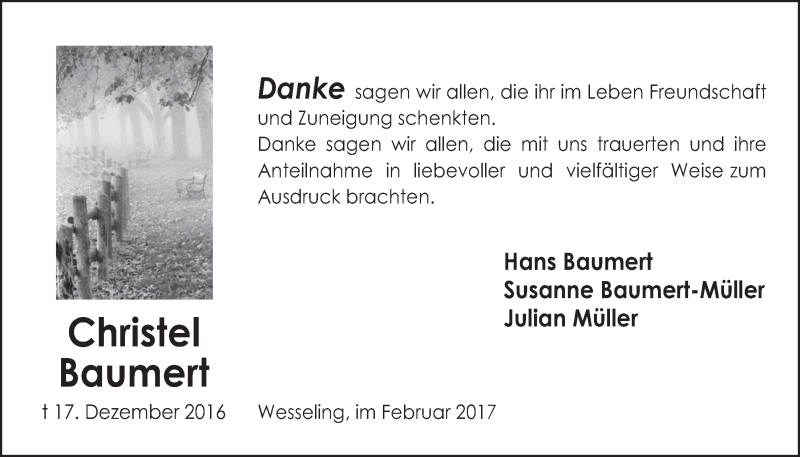  Traueranzeige für Christel Baumert vom 08.02.2017 aus  Schlossbote/Werbekurier 