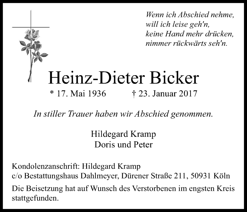  Traueranzeige für Heinz-Dieter Bicker vom 25.02.2017 aus Kölner Stadt-Anzeiger / Kölnische Rundschau / Express
