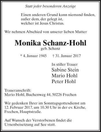 Anzeige von Monika Schanz-Hohl von  Sonntags-Post 