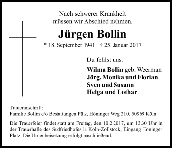 Anzeige von Jürgen Bollin von Kölner Stadt-Anzeiger / Kölnische Rundschau / Express