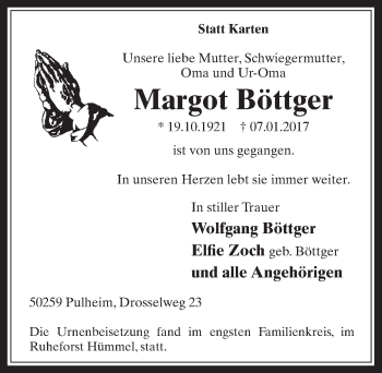 Anzeige von Margot Böttger von  Sonntags-Post 