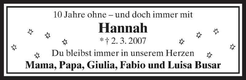  Traueranzeige für Hannah Busar vom 01.03.2017 aus  Schlossbote/Werbekurier 