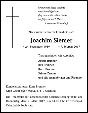 Anzeige von Joachim Siemer von Kölner Stadt-Anzeiger / Kölnische Rundschau / Express