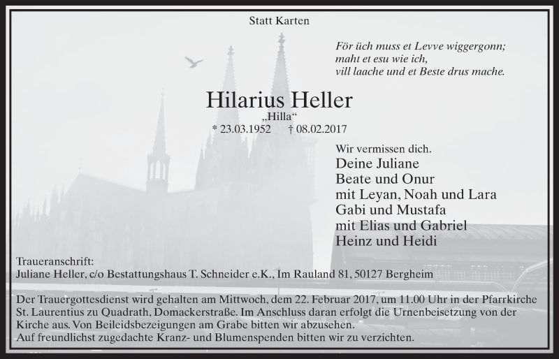  Traueranzeige für Hilarius Heller vom 18.02.2017 aus  Sonntags-Post 