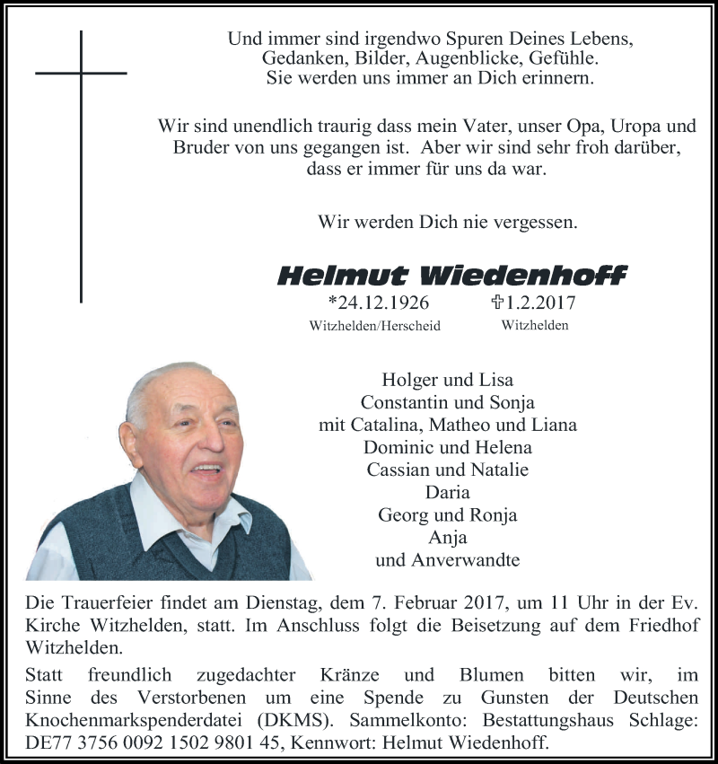  Traueranzeige für Helmut Wiedenhoff vom 04.02.2017 aus Kölner Stadt-Anzeiger / Kölnische Rundschau / Express