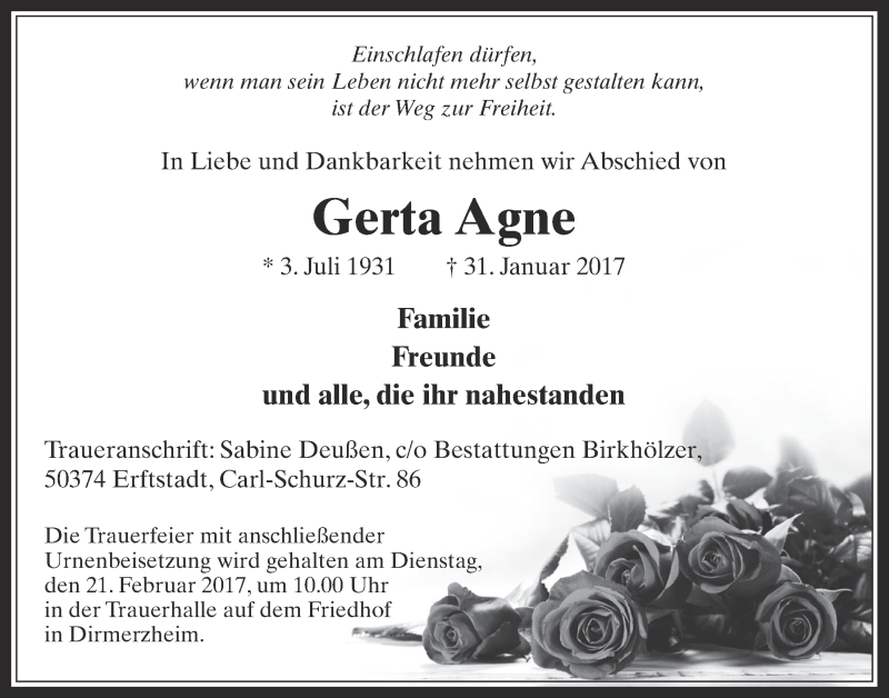  Traueranzeige für Gerta Agne vom 15.02.2017 aus  Werbepost 