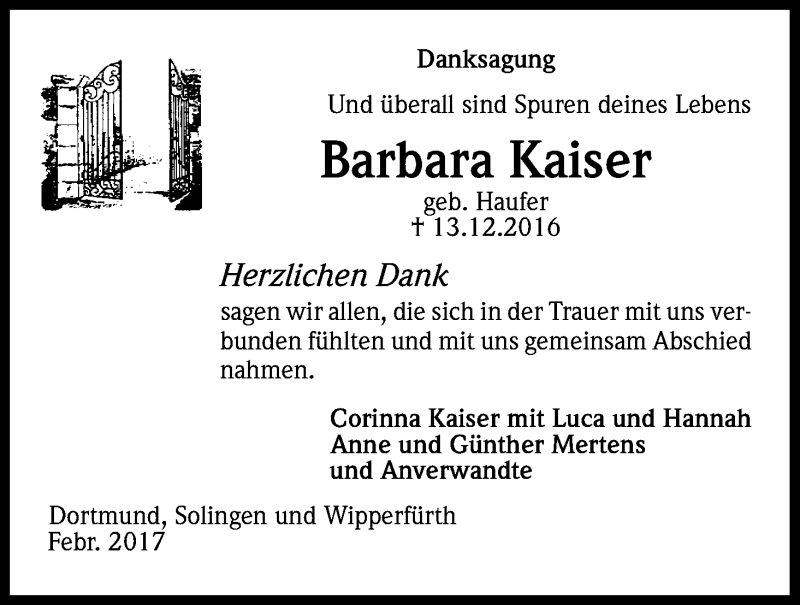  Traueranzeige für Barbara Kaiser vom 03.02.2017 aus Kölner Stadt-Anzeiger / Kölnische Rundschau / Express