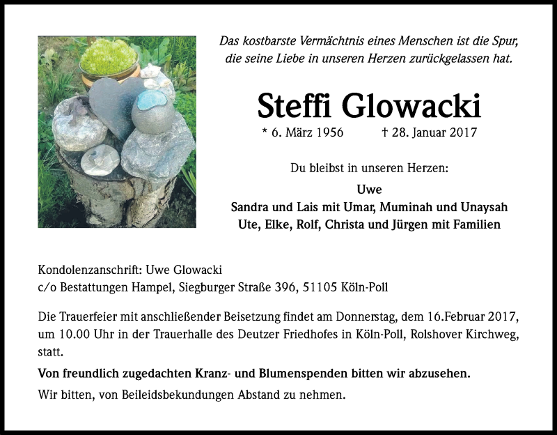  Traueranzeige für Steffi Glowacki vom 11.02.2017 aus Kölner Stadt-Anzeiger / Kölnische Rundschau / Express