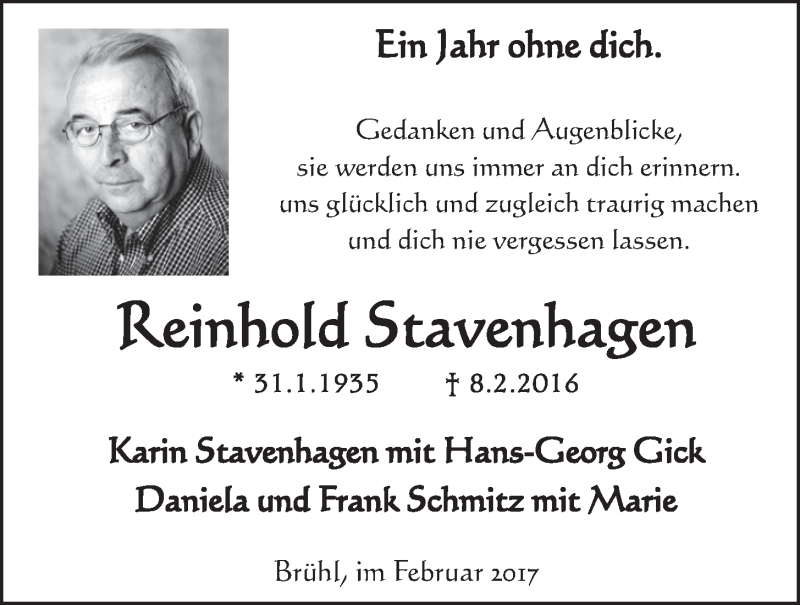  Traueranzeige für Reinhold Stavenhagen vom 08.02.2017 aus  Schlossbote/Werbekurier 