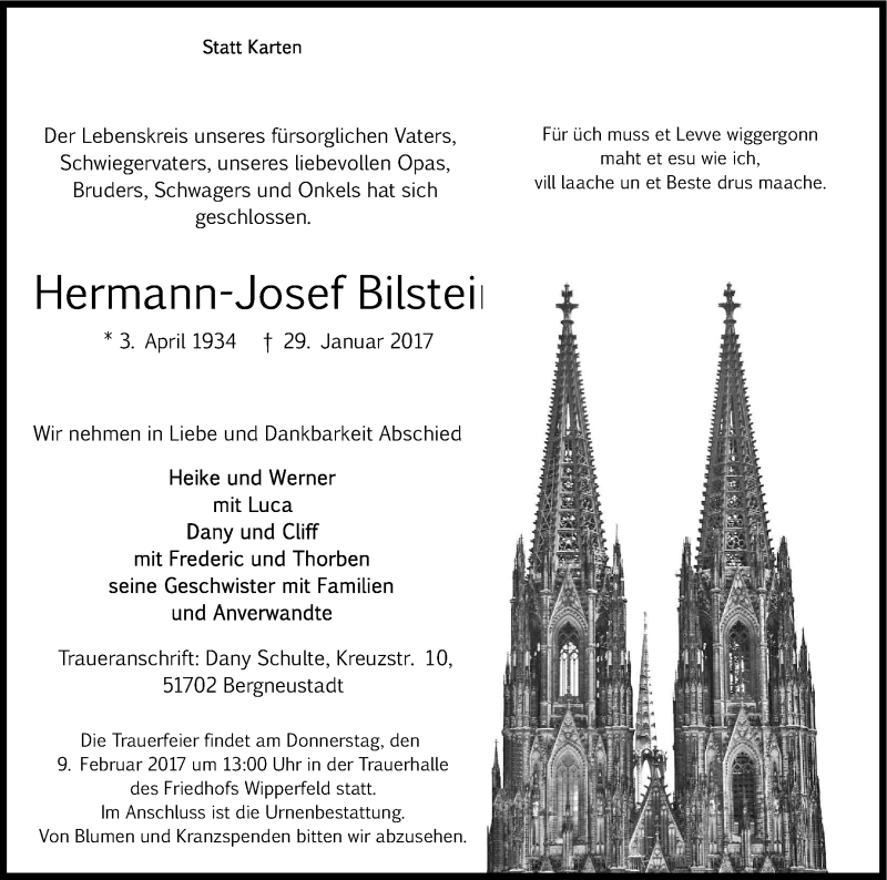  Traueranzeige für Hermann-Josef Bitstei vom 04.02.2017 aus Kölner Stadt-Anzeiger / Kölnische Rundschau / Express