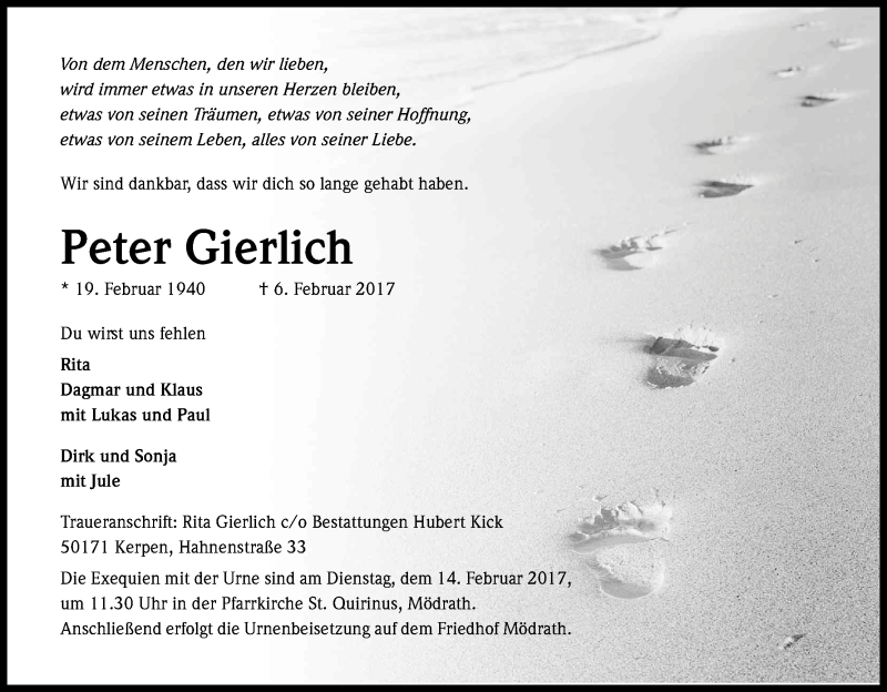  Traueranzeige für Peter Gierlich vom 11.02.2017 aus Kölner Stadt-Anzeiger / Kölnische Rundschau / Express