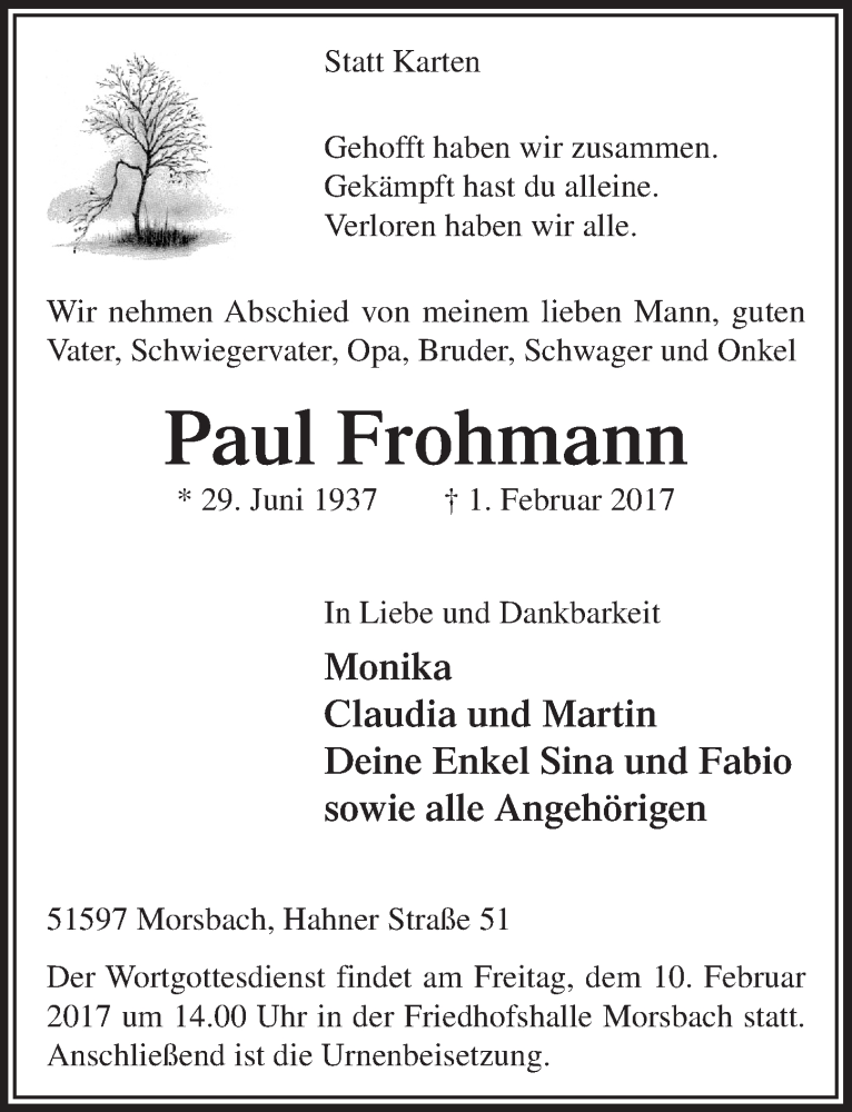  Traueranzeige für Paul Frohmann vom 08.02.2017 aus  Lokalanzeiger 