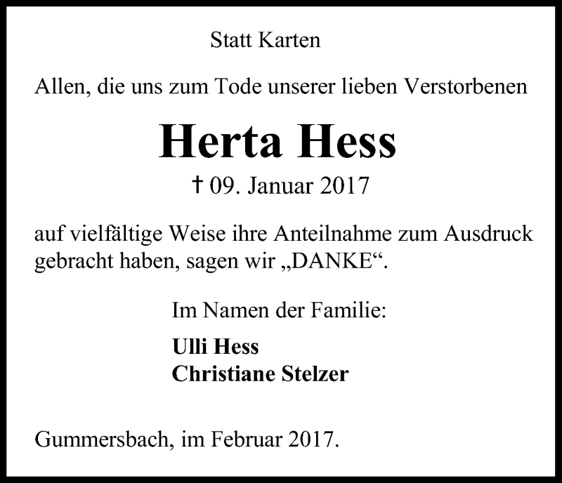  Traueranzeige für Herta Hess vom 18.02.2017 aus Kölner Stadt-Anzeiger / Kölnische Rundschau / Express