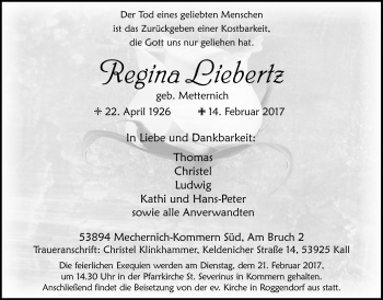 Anzeige von Regina Liebertz von  Blickpunkt Euskirchen 