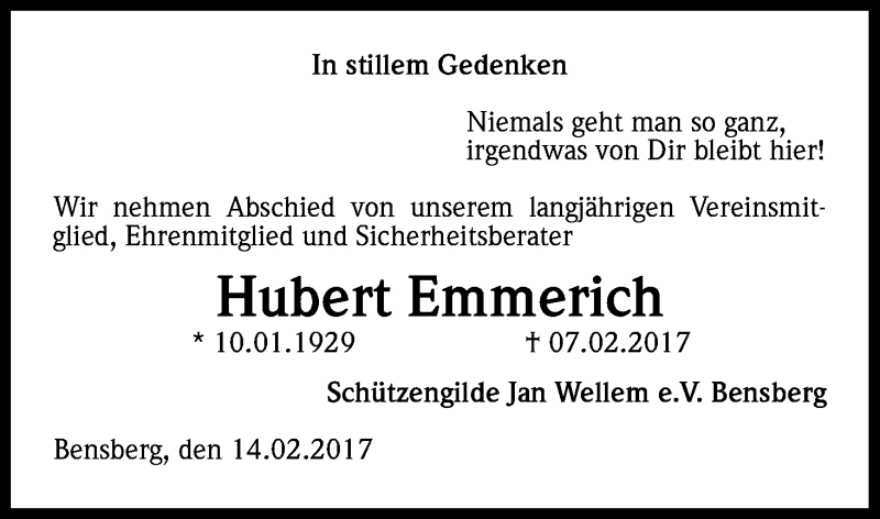  Traueranzeige für Hubert Emmerich vom 16.02.2017 aus Kölner Stadt-Anzeiger / Kölnische Rundschau / Express