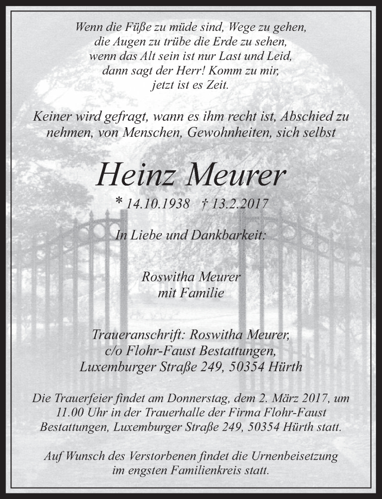 Traueranzeige für Heinz Meurer vom 22.02.2017 aus  Wochenende 
