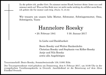 Anzeige von Hannelore Roesky von Kölner Stadt-Anzeiger / Kölnische Rundschau / Express