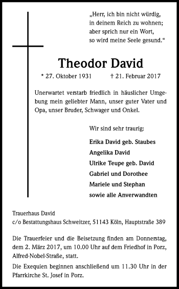 Anzeige von Theodor David von Kölner Stadt-Anzeiger / Kölnische Rundschau / Express