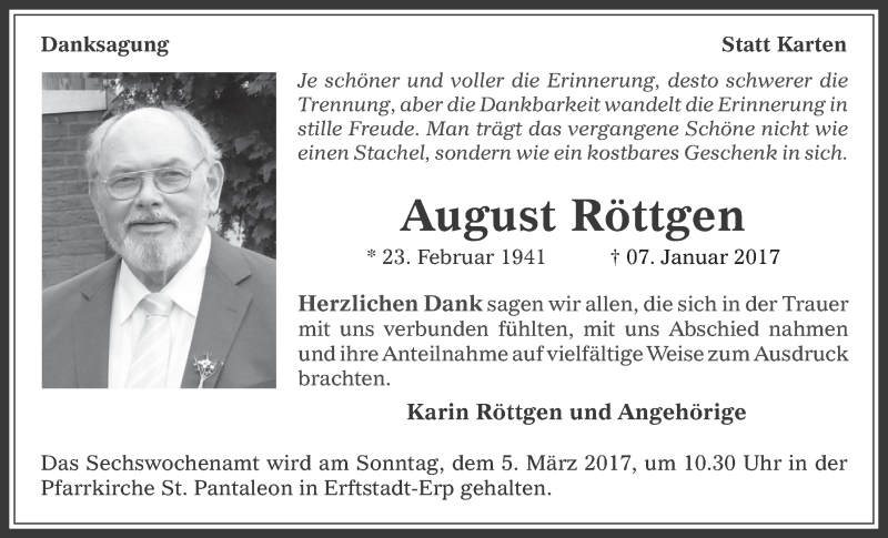  Traueranzeige für August Röttgen vom 15.02.2017 aus  Werbepost 
