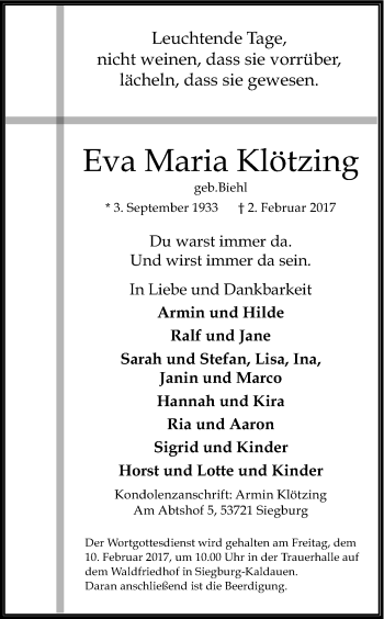 Anzeige von Eva Maria Klötzing von Kölner Stadt-Anzeiger / Kölnische Rundschau / Express