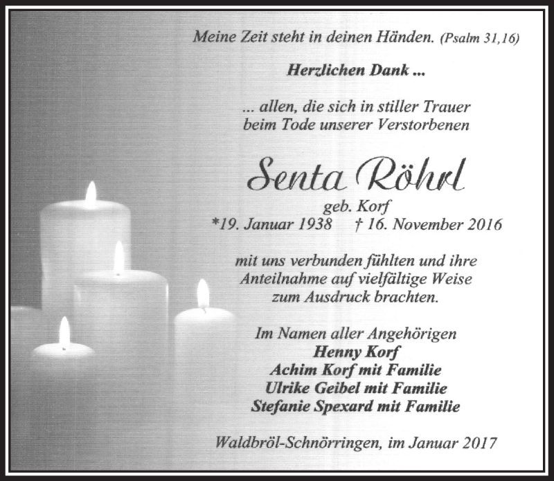  Traueranzeige für Senta Röhrl vom 08.02.2017 aus  Lokalanzeiger 