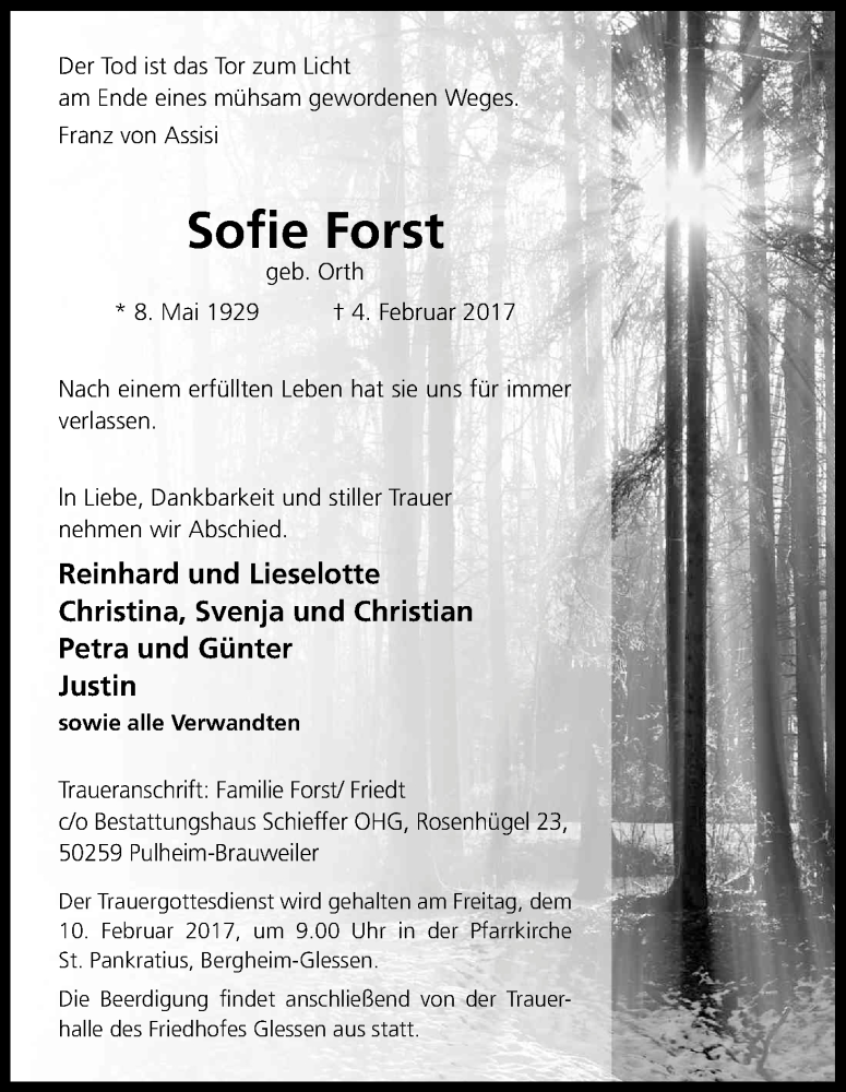  Traueranzeige für Sofie Forst vom 08.02.2017 aus Kölner Stadt-Anzeiger / Kölnische Rundschau / Express