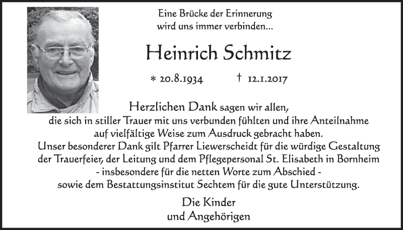  Traueranzeige für Heinrich Schmitz vom 22.02.2017 aus  Schlossbote/Werbekurier 