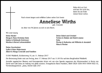 Anzeige von Anneliese Wirths von  Lokalanzeiger 