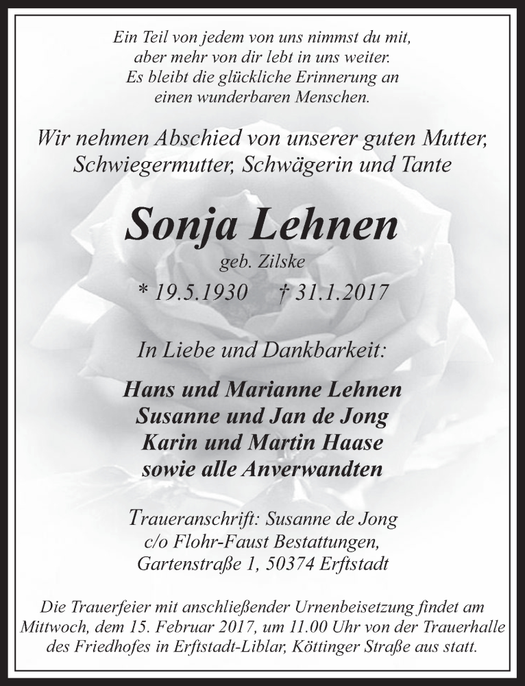 Traueranzeige für Sonja Lehnen vom 08.02.2017 aus  Werbepost 
