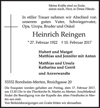 Anzeige von Heinrich Reingen von  Schlossbote/Werbekurier 