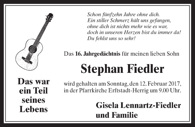  Traueranzeige für Stephan Fiedler vom 08.02.2017 aus  Werbepost 