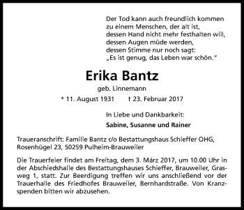 Anzeige von Erika Bantz von Kölner Stadt-Anzeiger / Kölnische Rundschau / Express