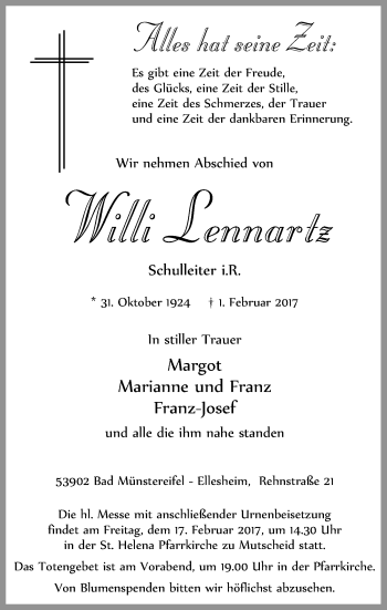 Anzeige von Willi Lennartz von  Blickpunkt Euskirchen 