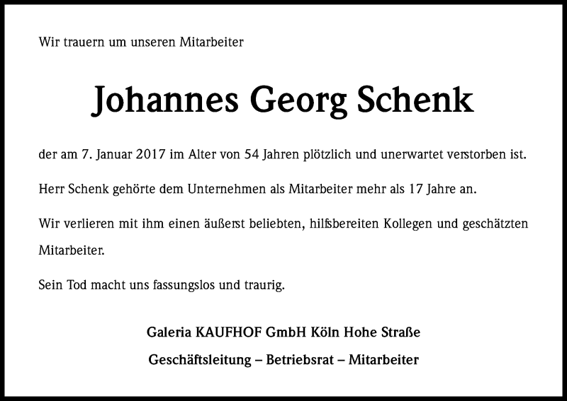  Traueranzeige für Johannes Georg Schenk vom 11.02.2017 aus Kölner Stadt-Anzeiger / Kölnische Rundschau / Express