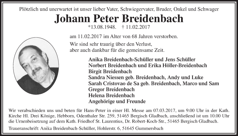  Traueranzeige für Johann Peter Breidenbach vom 01.03.2017 aus  Bergisches Handelsblatt 