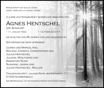 Anzeige von Agnes Hentschel von Kölner Stadt-Anzeiger / Kölnische Rundschau / Express