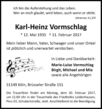 Anzeige von Karl-Heinz Vormschlag von Kölner Stadt-Anzeiger / Kölnische Rundschau / Express