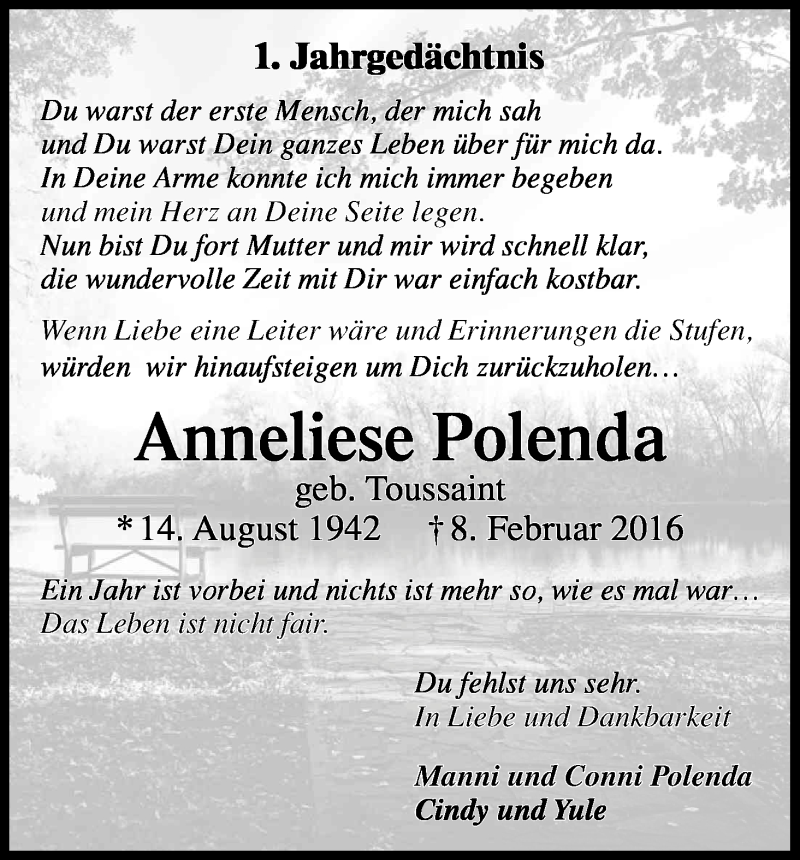  Traueranzeige für Anneliese Polenda vom 04.02.2017 aus Kölner Stadt-Anzeiger / Kölnische Rundschau / Express