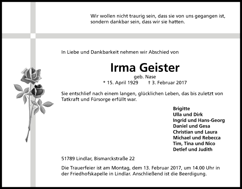  Traueranzeige für Irma Geister vom 07.02.2017 aus Kölner Stadt-Anzeiger / Kölnische Rundschau / Express