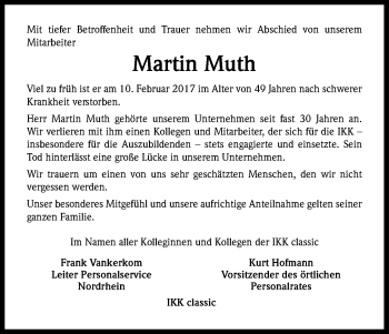Anzeige von Martin Muth von Kölner Stadt-Anzeiger / Kölnische Rundschau / Express