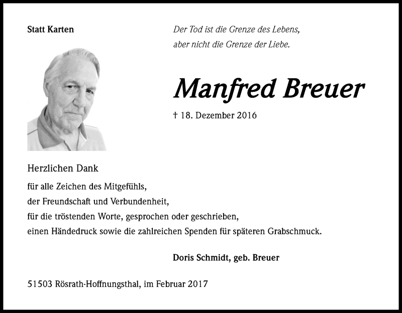 Traueranzeige für Manfred Breuer vom 04.02.2017 aus Kölner Stadt-Anzeiger / Kölnische Rundschau / Express
