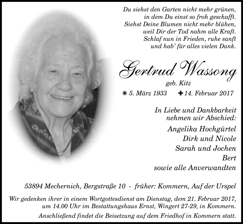  Traueranzeige für Gertrud Wassong vom 18.02.2017 aus Kölner Stadt-Anzeiger / Kölnische Rundschau / Express